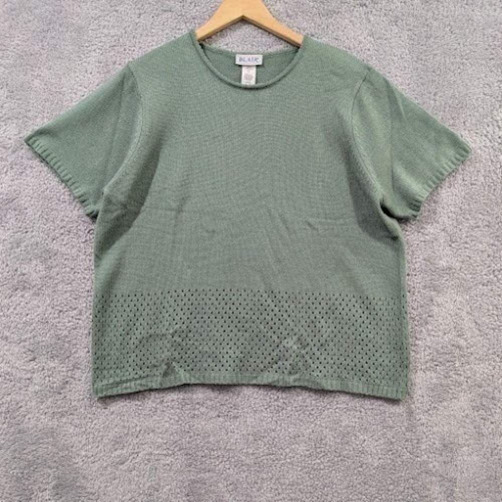 Blair Open Knit Sweater Women's XL Sage Green Short Sleeve Pullover Top Crochet